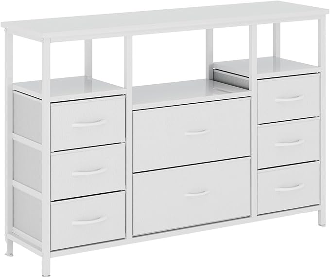 8-Drawer Fabric Dresser TV Stand for 40" TV - Sturdy Steel Frame & Wood Top Chest of Drawers, Lightweight Storage Organizer for Bedroom, Closet, Entryway (43.31" Wide, White)