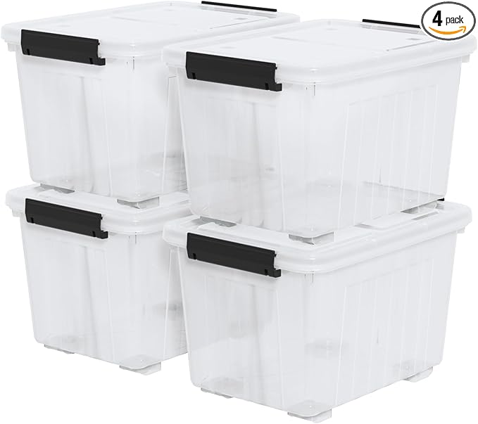 Zopnny 30 Quart Plastic Stacker Box, Large Storage Bin Container with Latching Lids and Wheels for Home and Garage Organizing, Shoes, Tools, Clear Base, 4-Pack