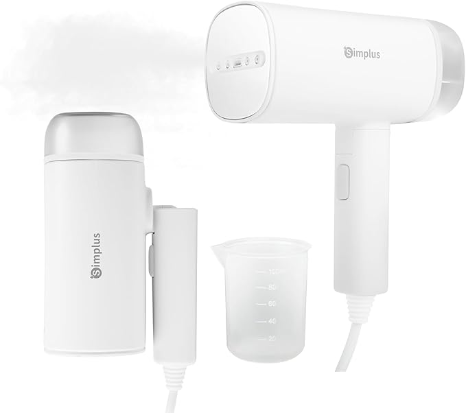 SIMPLUS Travel Steamer for Clothes, Portable Handheld Garment Steamer for Clothing, 10s Fast Heat Up, 170ml Water Tank with Measuring Cup, Small Foldable Fabric Wrinkle Remover for Home, White