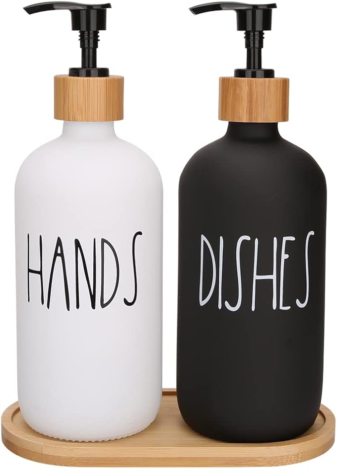 Hand and Dish Soap Dispenser Set for Kitchen Sink, Black and White Modern Farmhouse Decor, Kitchen Art Soap Holder (Black & White)