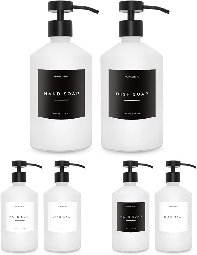 Luxury Glass Soap Dispenser Set of 2 - Elegant Aesthetic White Glass Bottles with Modern Matte Black Stainless Steel Pumps, Ideal for Kitchen, Bathroom, Hand Soap, Dish Soap, and More.