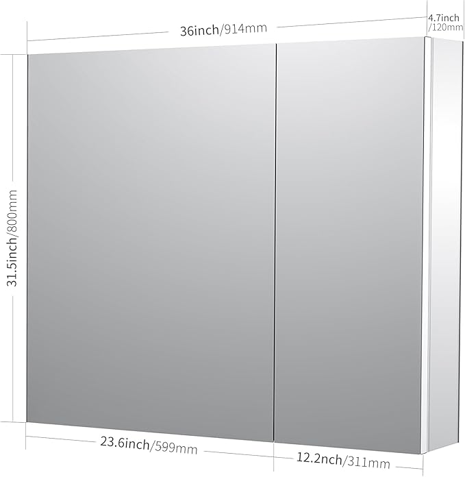 Sunrosa Medicine Cabinet with Mirror, 36" W x 31.5" H, 2 Asymmetrical Doors, Wall-Mounted & Recessed Bathroom Medicine Cabinet with Tempered Glass Mirror