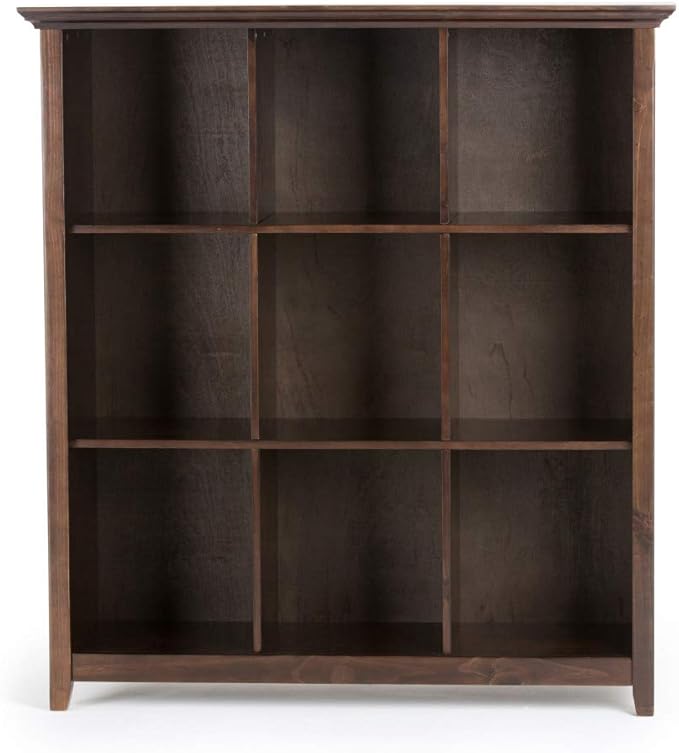 SIMPLIHOME Acadian Bookcase - 44 inch Tall 9-Cube Solid Wood Cube Organizer in Brunette Brown, Transitional Bookcase Storage for Living Room, Study Room or Office with Fixed Shelves and Tapered Legs