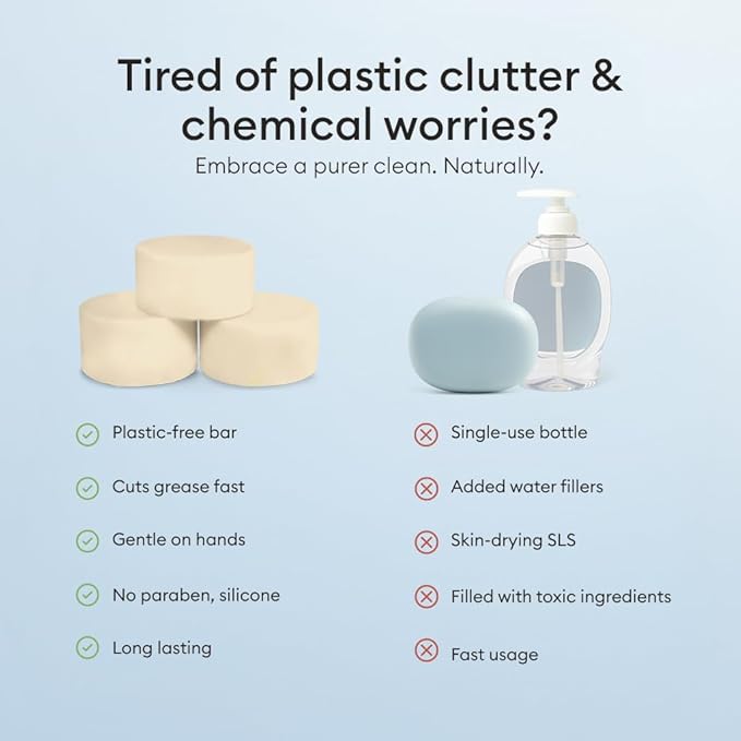 Vove Dish Soap Bar 3 Pack, Bergamot & Grapefruit Essential Oils, Plant-Based Solid Dish Soap, Coconut Oil & Baking Soda, Zero-Waste Plastic-Free, FSC-Certified Kraft Packaging