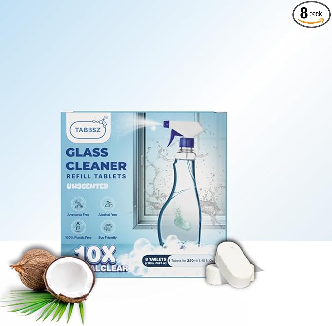 Glass Cleaner Refill Tablets | Plant-Based Streak-Free Window & Mirror Cleaner | Non-Toxic & Eco-Friendly Cleaning Solution | Plastic-Free Packaging | Unscented - Pack of 8