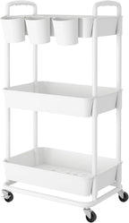 JIUYOTREE 3-Tier Plastic Rolling Storage Cart Utility Cart with Extra Hanging Cups Handles Lockable Wheels for Living Room Bathroom Kitchen Office White