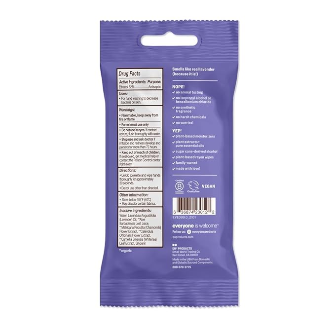 Everyone Hand Sanitizer Wipes, 15 Wipes (Pack of 6), Lavender and Aloe, Made with Sugarcane Derived Alcohol with Essential Oils, TSA friendly