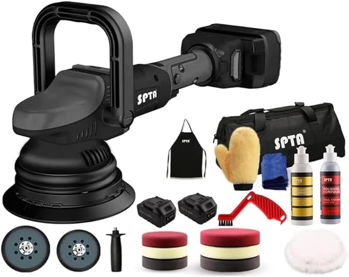 SPTA 18V Cordless Car Polisher, 15mm Orbit 2000-4800 OPM Portable Buffer Polisher with 7 Variable Speed 2Pcs 4.0Ah Battery, 6 Sponge Pads,2 Wool Pad, Tool Bag for Car Polishing, Waxing