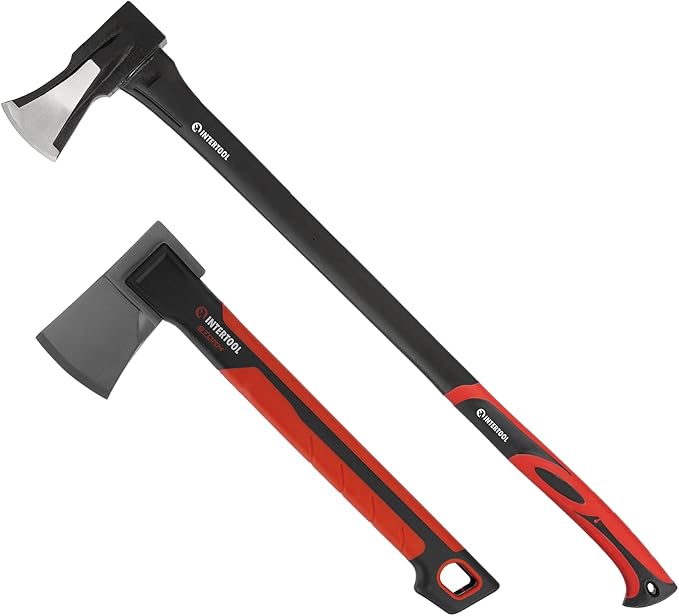 INTERTOOL Wood Splitting Maul and and Hatchet Set - 35-inch Axe and 14-inch Camping Chopping Hatchet with Shock Absorbing Fiberglass Handles with Blade Protectors HT-0275-0291