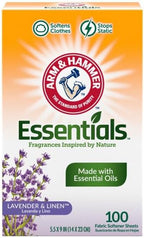 Arm & Hammer Essentials Fabric Softener Sheets, Lavender & Linen, Made with Essential Oils, Softens Clothes, Stops Static, 5.5x9 inches, 100 Count (Pack of 2)