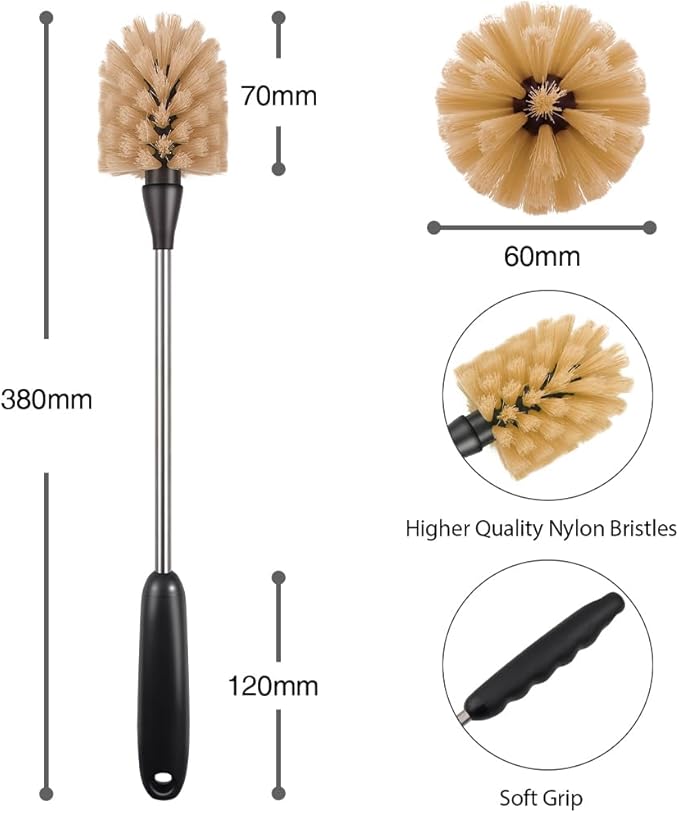 Bottle Brush, 15-inch Stainless Steel Long Handle Cleaning Brush, Kitchen Cleaning Brush, for Cleaning Water Bottles, Glasses, Baby Bottles, Glassware, Food Jars, Cups, Wine Aerators, Brown