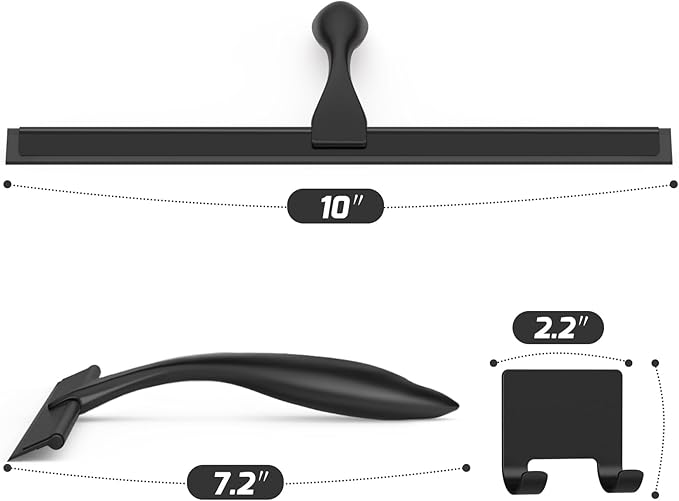 All-Purpose Stainless Steel Shower Squeegee for Glass Doors with Adhesive Hooks, Squeegee for Shower Glass, Bathroom Household Cleaner Tool for Window Mirror Tile Wall Car, 10 Inch Black
