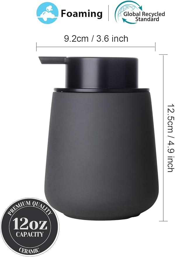 INGOFIN Ceramic Foaming Soap Dispenser - 12oz Foam Hand Soap Dispenser Bathroom, Ceramic Dish Soap Modern Dispenser with Pump for Kitchen, Matte Grey