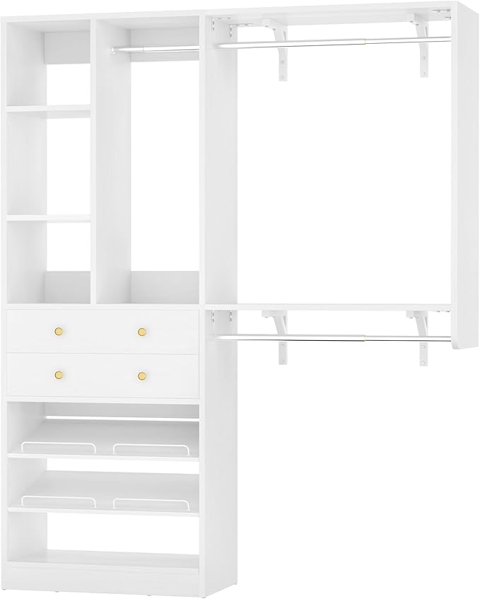 Closet System with 2 Drawers - Reversible 5FT Wood Closet Organizer System with 3 Hanging Rods and Adjustable Shelf Shoe Rack, White
