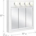 Design House Concord Medicine Cabinet, 3 Mirrored Doors, Pre-Assembled, Surface Mount, 4 Lights, White Wood Frame Wall Cabinet, 30 in W x 5 in D x 30 in H, 532382-WHT