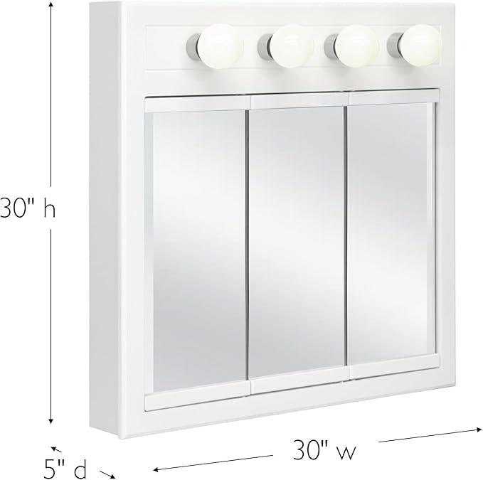 Design House Concord Medicine Cabinet, 3 Mirrored Doors, Pre-Assembled, Surface Mount, 4 Lights, White Wood Frame Wall Cabinet, 30 in W x 5 in D x 30 in H, 532382-WHT