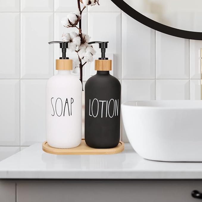 4 Pcs White and Black Hand and Dish Soap and Lotion Dispenser Set with Tray Farmhouse Decor for Bathroom Kitchen Sink