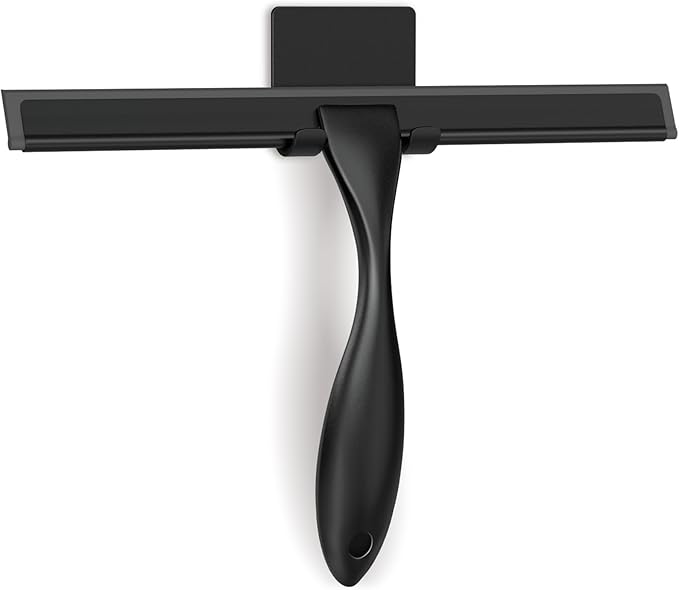 All-Purpose Stainless Steel Shower Squeegee for Glass Doors with Adhesive Hooks, Squeegee for Shower Glass, Bathroom Household Cleaner Tool for Window Mirror Tile Wall Car, 10 Inch Black