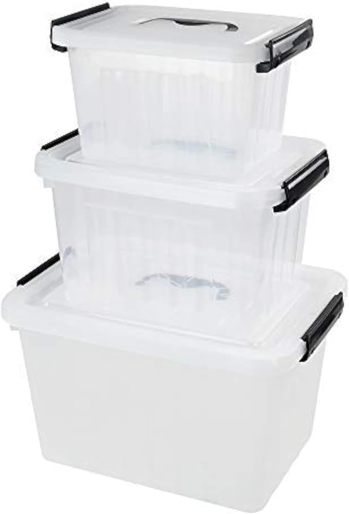 Farmoon 3 Packs Clear Lidded Storage Bin, Plastic Stackable Storage Container Box with Handle