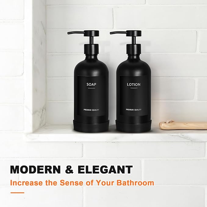 Black Glass Soap Dispenser with Stainless Steel Pump, 16.9 Fl oz Soap Dispenser Set for Kitchen, Matte Black Hand Dish Soap Dispensers for Kitchen and Bathroom, Lotion Dispenser Bathroom Decor