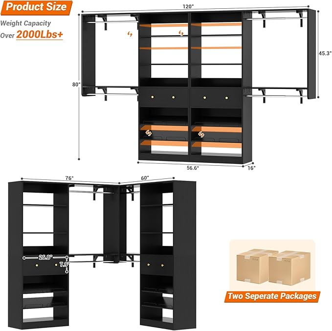 [10 FT Closet System] 120 Inch Reversible Set of 2 Wood Closet Organizer System with 2 Drawers, 4 Hanging Rods Adjustable Shelf, Walk In Closet Organizers with Shoe Rack, Garment Rack, Black