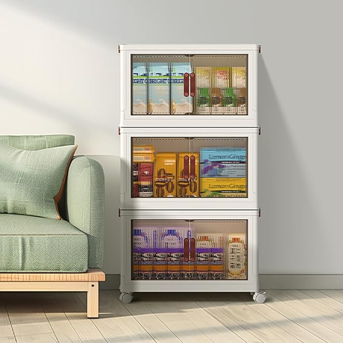 3-Tier Stackable Storage Bins with Lids & Open Front Design, Foldable Storage Bins with Wheels for Home Organization, Collapsible Space Saving Multi-Layer Storage Organizer, 35QT