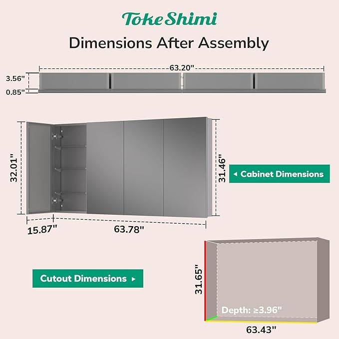 TokeShimi 64x32 Bathroom Medicine Cabinet with Mirror Tempered, Aluminum Silver Mirrored Medicine Cabinet Recessed or Surface Mount with Adjustable Storage Metal for Modern Farmhouse