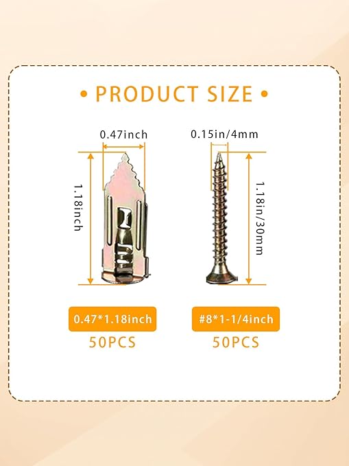 Self Drilling Drywall Anchors with Screws Kit 100Pcs- 50 Sheetrock Anchors 50 Zinc Expansion Screws New Upgraded Zinc Plated Steel No Drill or Holes in Wall,for Wall Hanging,Cabinets,Holds Up to 80LB