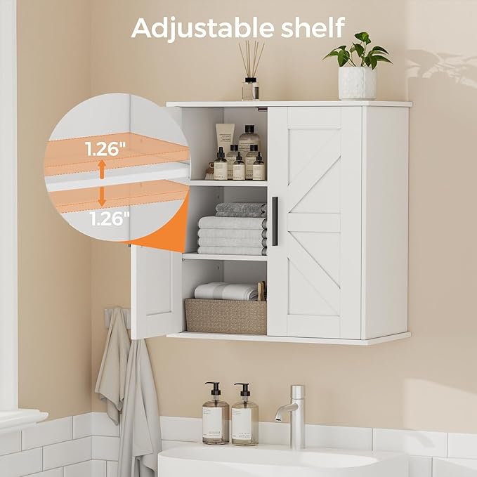 Bathroom Wall Cabinet, Over Toilet Storage Cabinet with Barn Doors and Adjustable Shelves, 3-Tier Medicine Cabinet Wall Mounted, for Bathroom, Kitchen, Entryway, Laundry Room, White, (11.8" D)