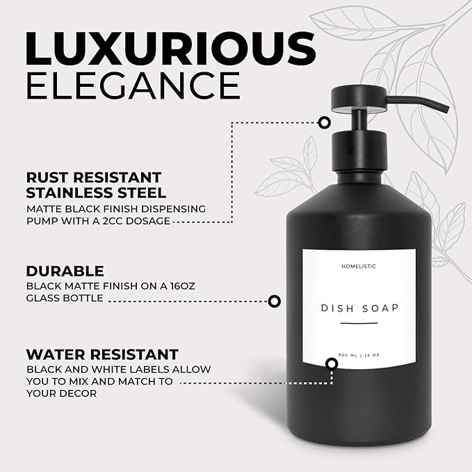 Luxury Glass Soap Dispenser Set of 2 - Elegant Glass Bottles with Matte Black Pumps, Ideal for Kitchen and Bathroom for Hand and Dish Soaps
