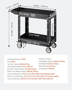 VEVOR Utility Cart, 550 lbs Load Capacity, 31.3 x 17.7-inch Service Cart, Two-Shelf Heavy Duty Plastic Utility Cart with 360° Swivel Wheels (2 with Brakes), Suitable for Warehouse, Garage, Cleaning