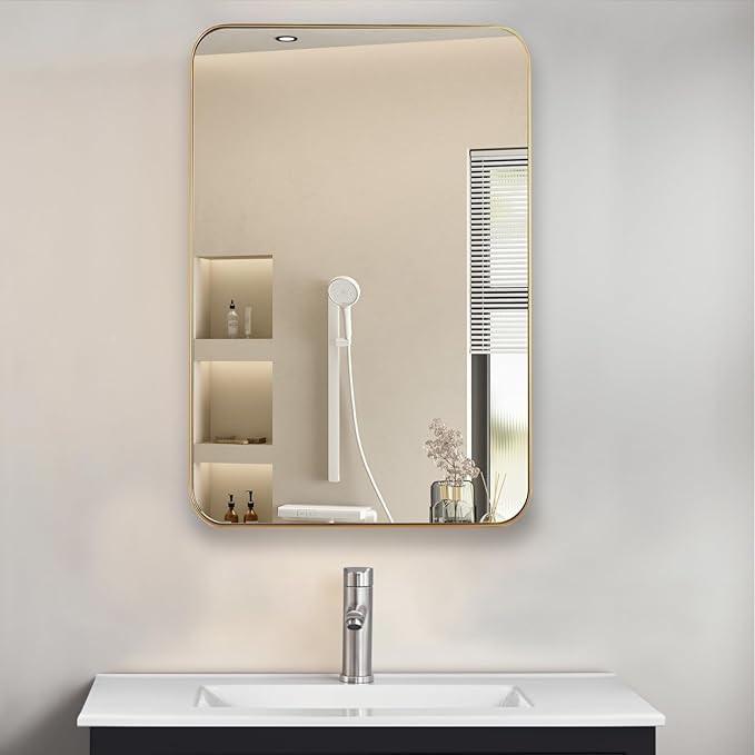 Bathroom Medicine Cabinet,20"x26" Mirror Door with Stainless Steel Brush Gold Frame,Recessed & Surface Wall Cabinet with Glass Shelves,Rust-Resistant Bathroom Storage Cabinet