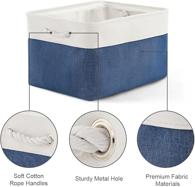 Organization and Storage Bins for Shelves - 2 Pack 17X15X12 inch Canvas Storage Cubes Collapsible Baskets for Organizing with Handles, Storage Box for Cloth Decorative (White & Blue)