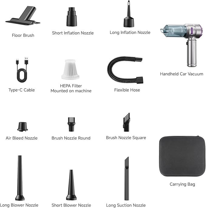 Car Vacuum,4-in-1 Mini Cordless Vacuum Cleaner with 3 Suction Modes&23000pa Suction,Portable Handheld Vacuum with LED Light,Multi-Nozzles&Brushless Motor&Air Dusters,TypeC for Car/Home/Pet/Office
