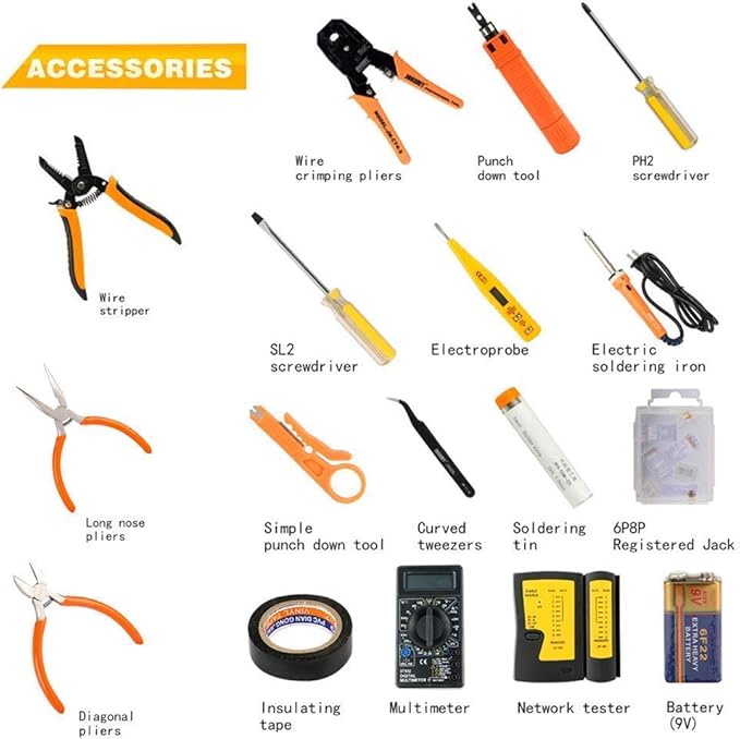 LEATBUY Network Crimp Tool Kit for RJ45/RJ11/RJ12/CAT5/CAT6/Cat5e/8P, Professional Crimper Connector Stripper Cutter, Computer Maintenance Lan Cable Pliers Tester Soldering Iron Set (Black), DUW-24D1