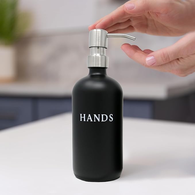 Black Glass Hand and Dish Soap Dispenser Set - Modern Farmhouse Sink Accessories - 16 oz Kitchen Sink Set With Tray, Stainless Pumps & Funnel