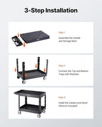 VEVOR Utility Cart, 550 lbs Load Capacity, 37 x 25.4-inch Service Cart, Two-Shelf Heavy Duty Plastic Utility Cart with 360° Swivel Wheels (2 with Brakes), Suitable for Warehouse, Garage, Cleaning