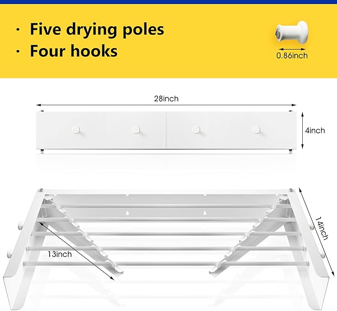 Wall Mounted Drying Rack,28 Inch,Clothes Drying Rack Wall Mounted,Foldable,Retractable,Collapsible Drying Raks for Laundry