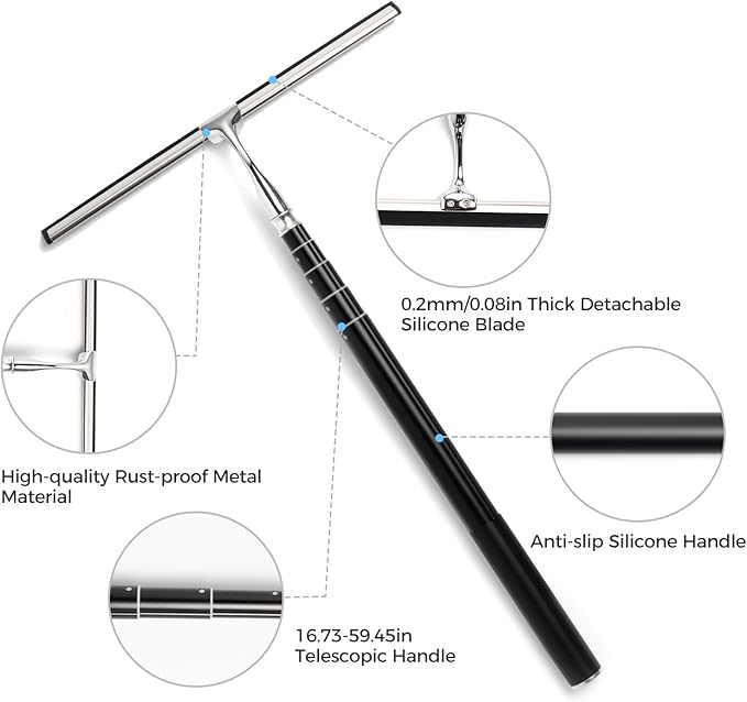 59.5" Long Handle Window Squeegee with Extension Pole, 12.4" Wide Metal Shower Squeegee for Glass Doors, Floor Squeegee for Home Window Cleaning, Tile Wall, Car