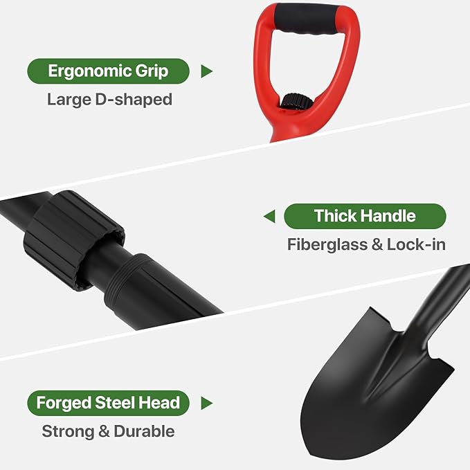 Shovel, Shovels for Digging, 33" Garden Shovel Heavy Duty with Ergonomic D-Grip, Small Spade Shovel for Camping, Edging, Off-Road, Metal Portable Mini Shovel with Fiberglass Shaft, Lightweight