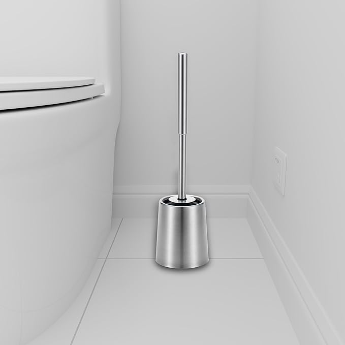 SUS304 Stainless Steel Toilet Brush and Holder Toilet Brush and Cases Bathroom Bowl Cleaning Brush Double Layer Holder Long Brush Handle High Density Bristles Silver