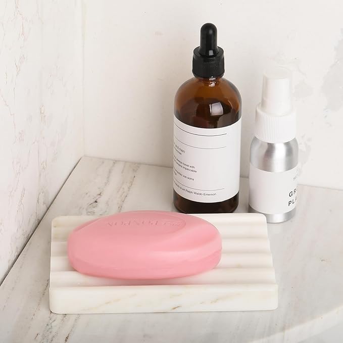 2PCS Koville African Natural Marble Soap Dish for Shower, Stone Soap Tray for Bathroom, Bar Soap Holder for Sink, Stripe Grooves Saver Keep Bars Dry Easy Clean (Namib Bianco)