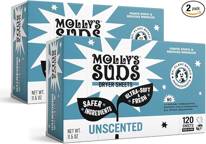 Molly's Suds Fabric Softener Dryer Sheets for Sensitive Skin | Plant-Based Static Reducer, Plastic-Free Packaging | Bundle of 2, Unscented (240 Sheets Total)