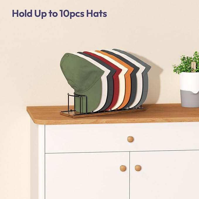SWTYMIKI Hat Stand for Baseball Caps - Wood & Metal Tabletop Hat Organizer Storage Display Rack, Holds up to 10 Caps for Desk, Closet Shelf, Dresser (Black)