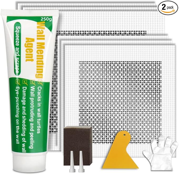 Drywall Repair Kit | 250g Safe Wall Mending Agent | 6pcs Wall Patches | Reusable Frosted Block | Scrapers | Easy Hole Filling for Aluminum, Metal, Plaster, Sheetrock & Ceiling