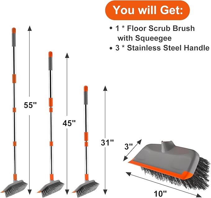 BITOPE Floor Scrub Brush with Long Handle, Heavy Duty Deck Scrubber with Stiff Bristles,Garage Concrete Cleaner Tool for Cleaning Tile Patio Outdoor Porch Indoor Kitchen Shower Bathroom