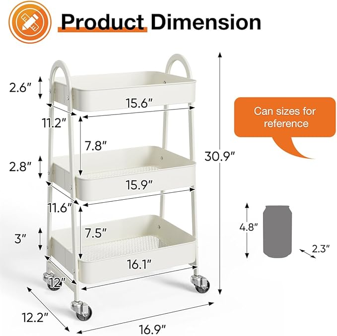 3-Tier Metal Rolling Utility Cart, Small Rolling Cart Kitchen Trolley Bathroom Laundry Room Bar Office Shelves Storage Organizer Shelving Unit with Caster Wheels for Narrow Places, White