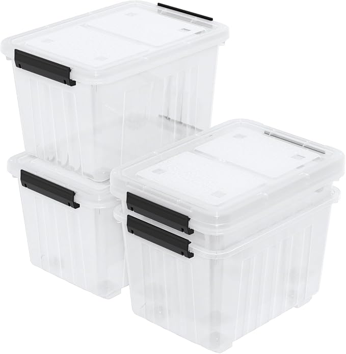 Zopnny 50 Qt Stackable Plastic Storage Bins with Lids, 4 Pack - BPA-Free, See-Through Organizing Solution, Latches, Wheels, Durable Nestable Containers, Clear