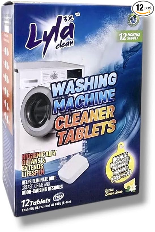 LYLA 3X Washing Machine Cleaner Tablets, 12-pack Deep Cleaning Tablets For HE Front Loader & Top Load Washer,Helps Remove odor, dirt,lime & detergent,Hard Water Buildup – Septic Safe