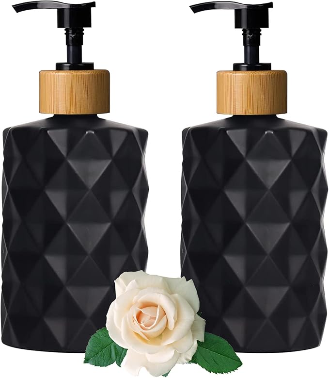 Black Glass Soap Dispenser Set with Bamboo Pump, 12oz Refillable Liquid Hand Soap, Lotion Dispenser for Modern Home Decor, Bathroom, Kitchen Countertop, Hotel (2 Pack)
